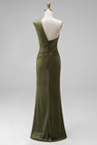 Dark Green Mermaid One Shoulder Ruched Maxi Formal Dress with Slit (Necklace is not included)