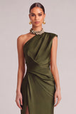 Dark Green Mermaid One Shoulder Ruched Maxi Formal Dress with Slit