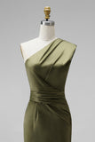 Dark Green Mermaid One Shoulder Ruched Maxi Formal Dress with Slit (Necklace is not included)