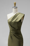 Dark Green Mermaid One Shoulder Ruched Maxi Formal Dress with Slit (Necklace is not included)