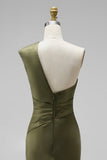Dark Green Mermaid One Shoulder Ruched Maxi Formal Dress with Slit (Necklace is not included)