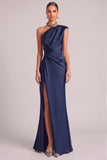 Dark Green Mermaid One Shoulder Ruched Maxi Formal Dress with Slit (Necklace is not included)