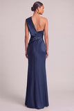 Dark Green Mermaid One Shoulder Ruched Maxi Formal Dress with Slit (Necklace is not included)