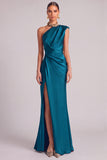 Dark Green Mermaid One Shoulder Ruched Maxi Formal Dress with Slit (Necklace is not included)