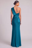 Dark Green Mermaid One Shoulder Ruched Maxi Formal Dress with Slit (Necklace is not included)