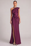 Dark Green Mermaid One Shoulder Ruched Maxi Formal Dress with Slit (Necklace is not included)