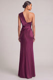 Dark Green Mermaid One Shoulder Ruched Maxi Formal Dress with Slit (Necklace is not included)