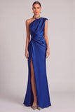 Dark Green Mermaid One Shoulder Ruched Maxi Formal Dress with Slit (Necklace is not included)