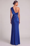 Dark Green Mermaid One Shoulder Ruched Maxi Formal Dress with Slit (Necklace is not included)