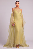 Lemon Sheath Spaghetti Straps Maxi Formal Dress with Cape