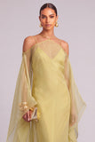 Lemon Sheath Spaghetti Straps Maxi Formal Dress with Cape