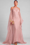 Lemon Sheath Spaghetti Straps Maxi Formal Dress with Cape