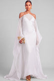 Lemon Sheath Spaghetti Straps Maxi Formal Dress with Cape