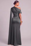 Lemon Mermaid One Shoulder Ruched Long Formal Dress with Cape