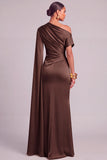 Lemon Mermaid One Shoulder Ruched Long Formal Dress with Cape