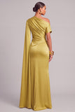 Lemon Mermaid One Shoulder Ruched Long Formal Dress with Cape