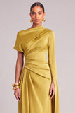 Lemon Mermaid One Shoulder Ruched Long Formal Dress with Cape