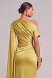 Lemon Mermaid One Shoulder Ruched Long Formal Dress with Cape