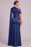 Lemon Mermaid One Shoulder Ruched Long Formal Dress with Cape