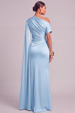Lemon Mermaid One Shoulder Ruched Long Formal Dress with Cape