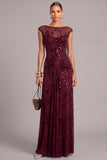 Sparkly Burgundy Illusion Neck Ruched Maxi Formal Dress with Sequins