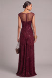 Sparkly Burgundy Illusion Neck Ruched Maxi Formal Dress with Sequins