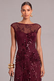 Sparkly Burgundy Illusion Neck Ruched Maxi Formal Dress with Sequins