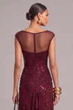 Sparkly Burgundy Illusion Neck Ruched Maxi Formal Dress with Sequins