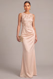 Pink Mermaid Round Neck Ruched Long Formal Dress with Embroidery