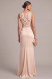 Pink Mermaid Round Neck Ruched Long Formal Dress with Embroidery
