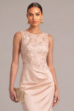 Pink Mermaid Round Neck Ruched Long Formal Dress with Embroidery