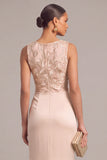 Pink Mermaid Round Neck Ruched Long Formal Dress with Embroidery