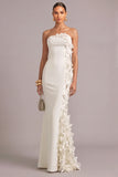 White Mermaid Strapless Maxi Formal Dress with 3D Flower