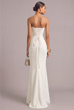 White Mermaid Strapless Maxi Formal Dress with 3D Flower
