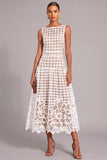 White A-Line Round Neck Midi Formal Dress with Appliques