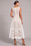 White A-Line Round Neck Midi Formal Dress with Appliques