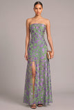 Green Jacquard A-Line Floral Strapless Maxi Formal Dress with Slit