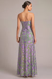 Green Jacquard A-Line Floral Strapless Maxi Formal Dress with Slit