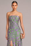 Green Jacquard A-Line Floral Strapless Maxi Formal Dress with Slit