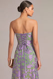 Green Jacquard A-Line Floral Strapless Maxi Formal Dress with Slit