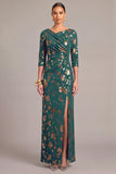 Green Floral Mermaid 3/4 Sleeves Maxi Formal Dress with Slit