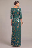 Green Floral Mermaid 3/4 Sleeves Maxi Formal Dress with Slit