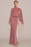 Dusty Rose Mermaid High Neck Velvet Maxi Formal Dress with Cape