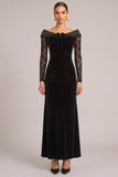 Black Floral Mermaid Boat Neck Ruched Long Sleeves Formal Dress