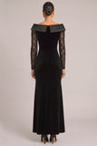 Black Floral Mermaid Boat Neck Ruched Long Sleeves Formal Dress