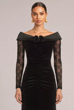Black Floral Mermaid Boat Neck Ruched Long Sleeves Formal Dress