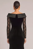 Black Floral Mermaid Boat Neck Ruched Long Sleeves Formal Dress