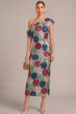Sparkly Multi Colors Sheath Sequins One Shoulder Floral Midi Formal Dress