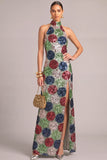 Multi Colors Sparkly Sequins Mermaid High Neck Maxi Formal Dress with Slit