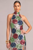 Multi Colors Sparkly Sequins Mermaid High Neck Maxi Formal Dress with Slit